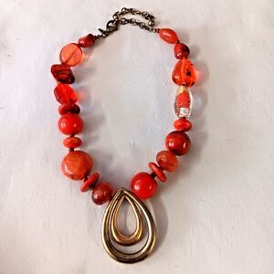 Chico's‎ Red Beaded Statement Necklace Teardrop Pendant Orange Gold Tone Boho